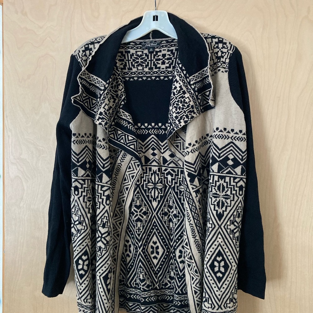 Lucky Brand Aztec Geometric Pattern Black and Cream Cardigan Women’s Size 1X
